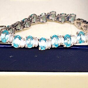 Madagascar Blue Apatite & Moissanite wave tennis bracelet in Rhodium/925SS 7.25"
